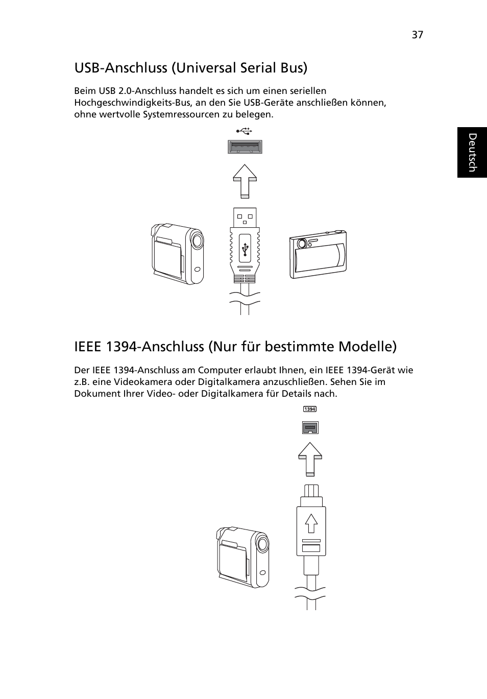 Usb-anschluss (universal serial bus), Ieee 1394-anschluss (nur für bestimmte modelle) | Acer Aspire 4552G User Manual | Page 205 / 2206