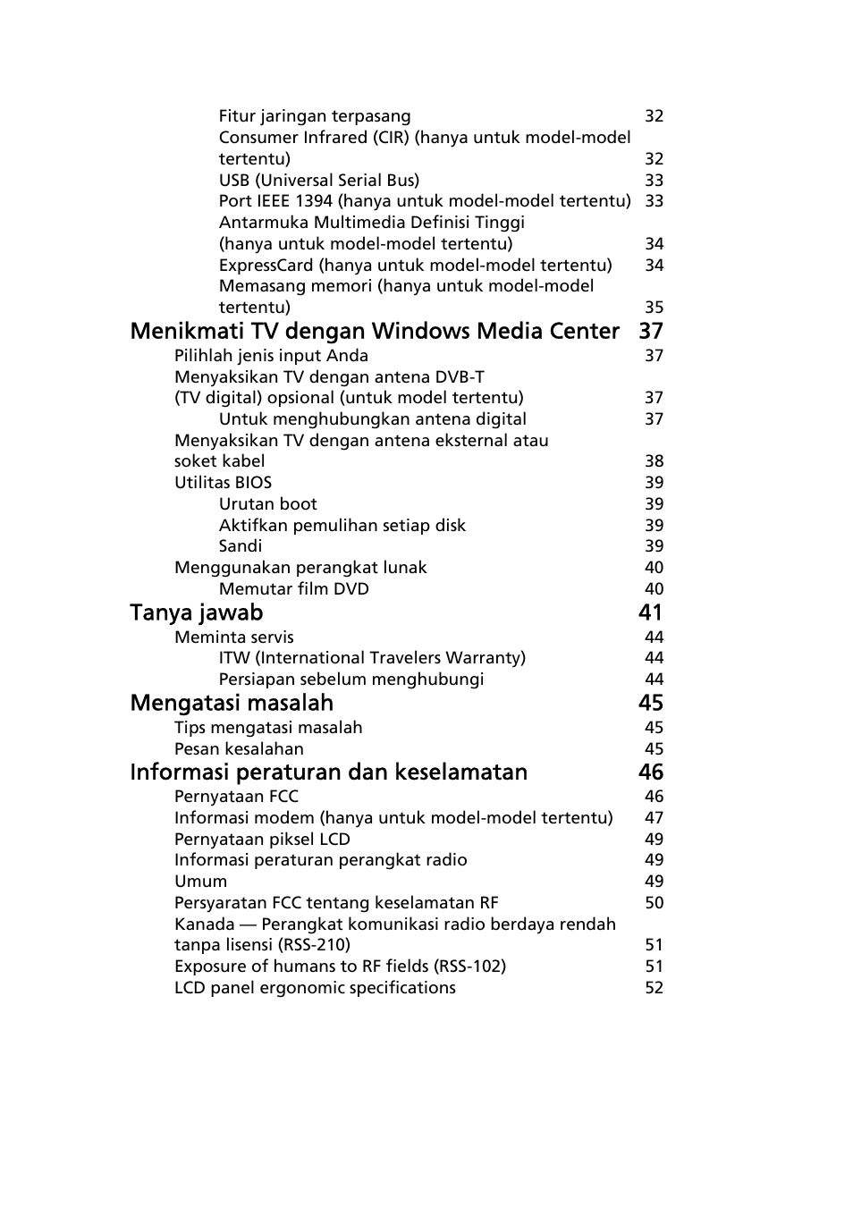 Menikmati tv dengan windows media center 37, Tanya jawab 41, Mengatasi masalah 45 | Informasi peraturan dan keselamatan 46 | Acer Aspire 4552G User Manual | Page 2079 / 2206