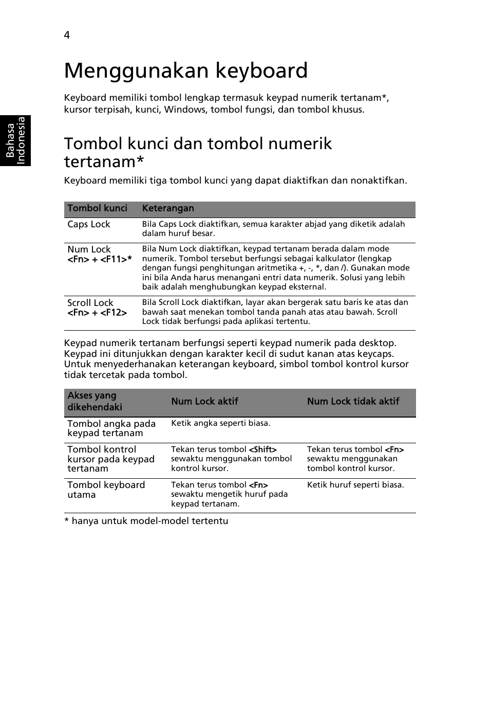 Menggunakan keyboard, Tombol kunci dan tombol numerik tertanam | Acer Aspire 4552G User Manual | Page 2084 / 2206