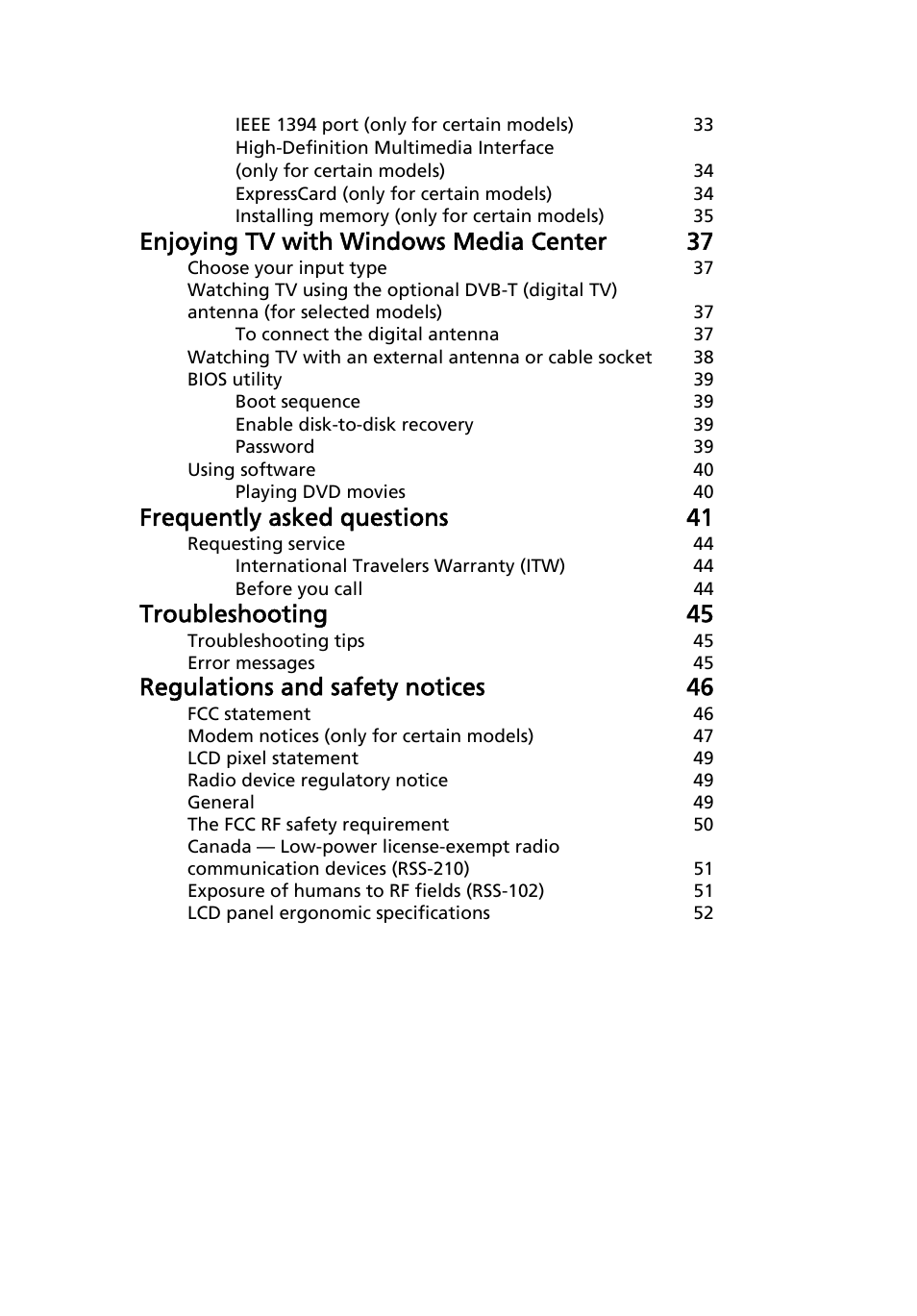 Enjoying tv with windows media center 37, Frequently asked questions 41, Troubleshooting 45 | Regulations and safety notices 46 | Acer Aspire 4552G User Manual | Page 21 / 2206