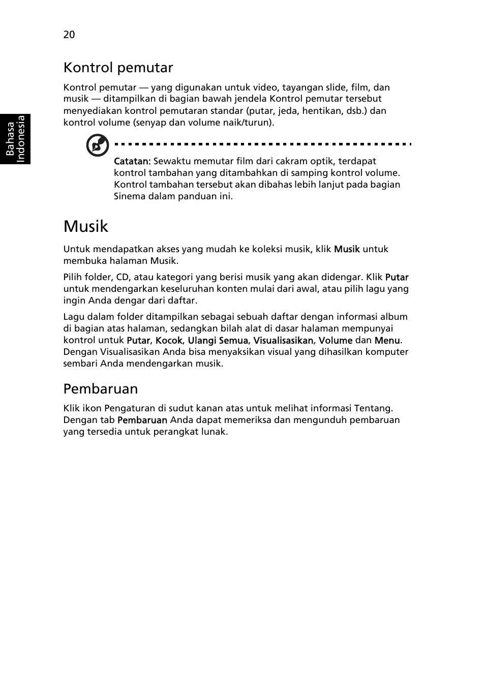 Musik, Kontrol pemutar, Pembaruan | Acer Aspire 4552G User Manual | Page 2100 / 2206