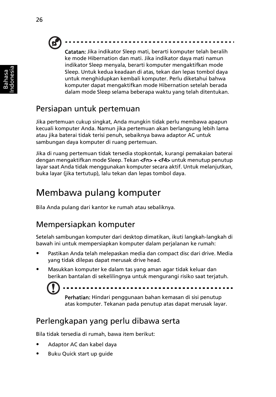 Membawa pulang komputer, Persiapan untuk pertemuan, Mempersiapkan komputer | Perlengkapan yang perlu dibawa serta | Acer Aspire 4552G User Manual | Page 2106 / 2206