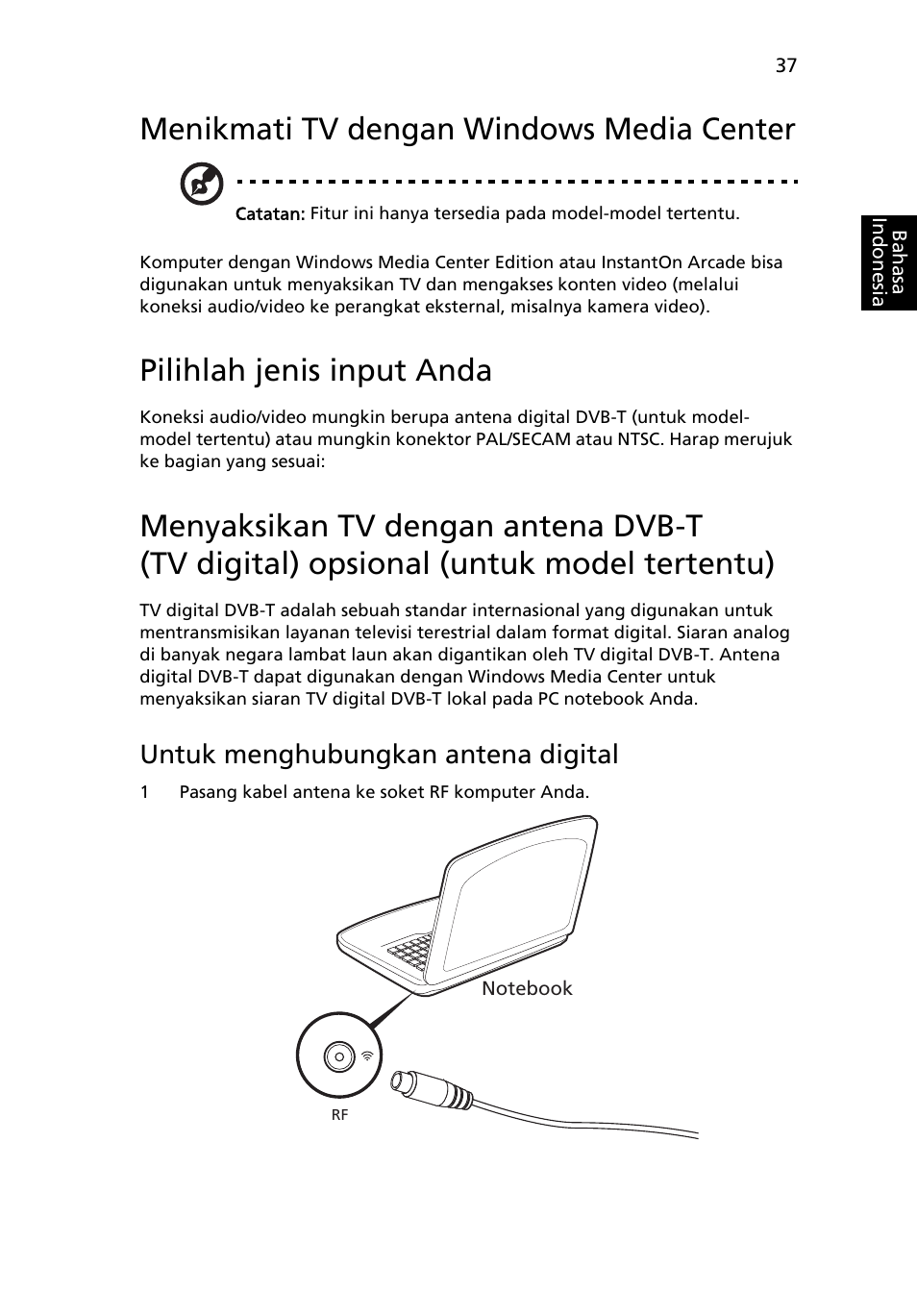 Menikmati tv dengan windows media center, Pilihlah jenis input anda, Menikmati tv dengan windows media center 37 | Untuk menghubungkan antena digital | Acer Aspire 4552G User Manual | Page 2117 / 2206