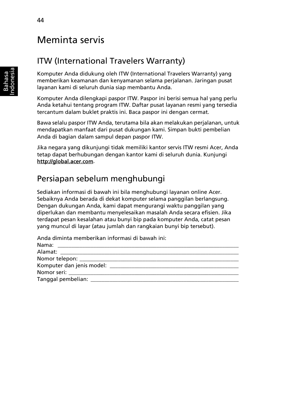 Meminta servis, Itw (international travelers warranty), Persiapan sebelum menghubungi | Acer Aspire 4552G User Manual | Page 2124 / 2206