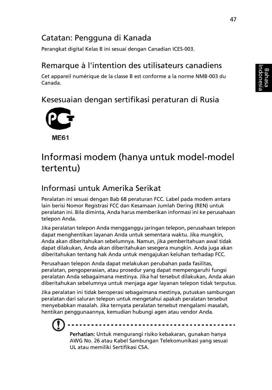 Informasi modem (hanya untuk model-model tertentu), Catatan: pengguna di kanada, Remarque à l'intention des utilisateurs canadiens | Kesesuaian dengan sertifikasi peraturan di rusia, Informasi untuk amerika serikat | Acer Aspire 4552G User Manual | Page 2127 / 2206