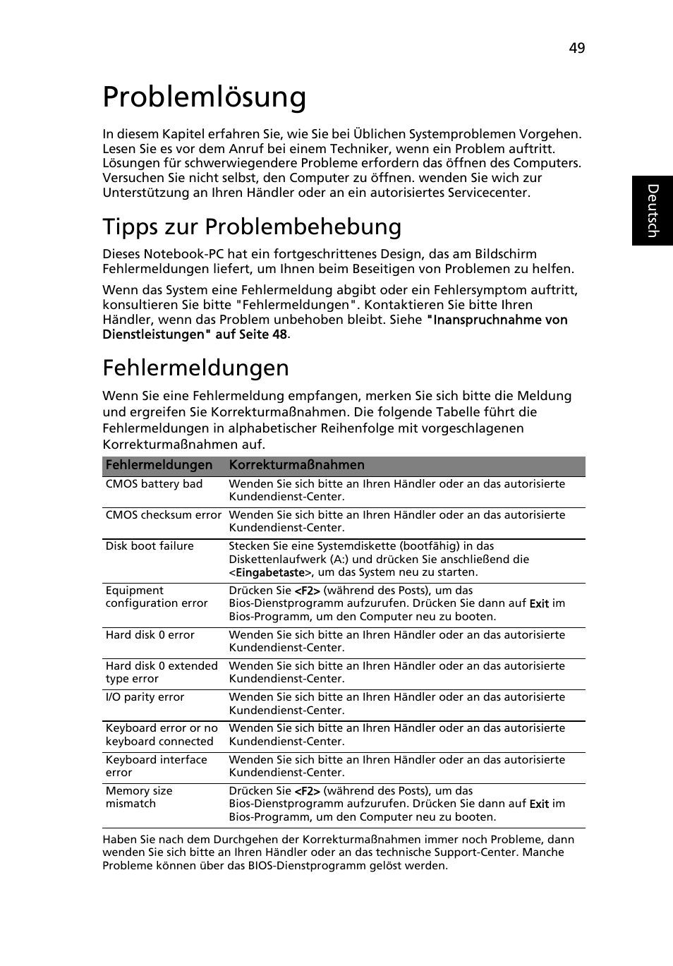 Problemlösung, Tipps zur problembehebung, Fehlermeldungen | Eng lish | Acer Aspire 4552G User Manual | Page 217 / 2206