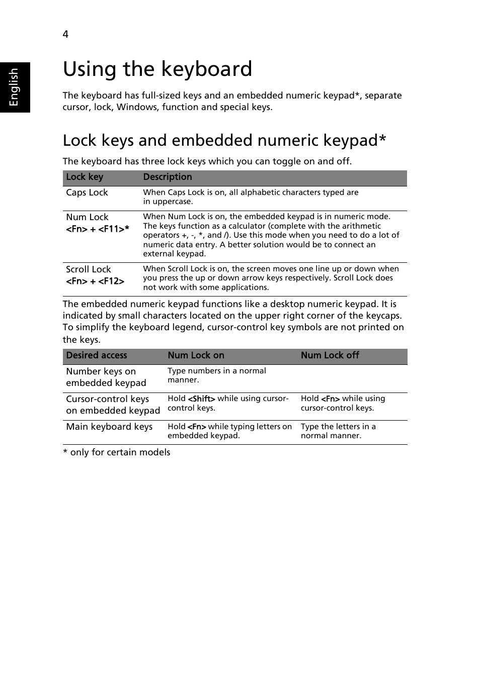 Using the keyboard, Lock keys and embedded numeric keypad | Acer Aspire 4552G User Manual | Page 26 / 2206