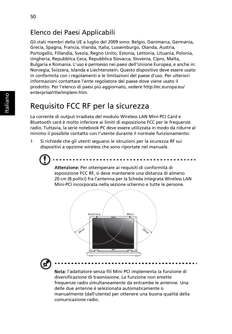 Requisito fcc rf per la sicurezza, Elenco dei paesi applicabili | Acer Aspire 4552G User Manual | Page 292 / 2206