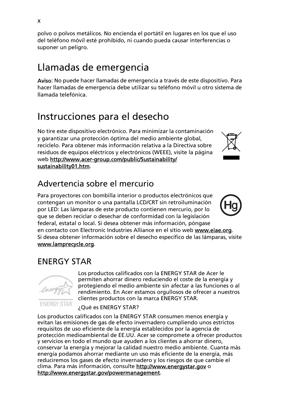 Llamadas de emergencia, Instrucciones para el desecho, Advertencia sobre el mercurio | Energy star | Acer Aspire 4552G User Manual | Page 304 / 2206