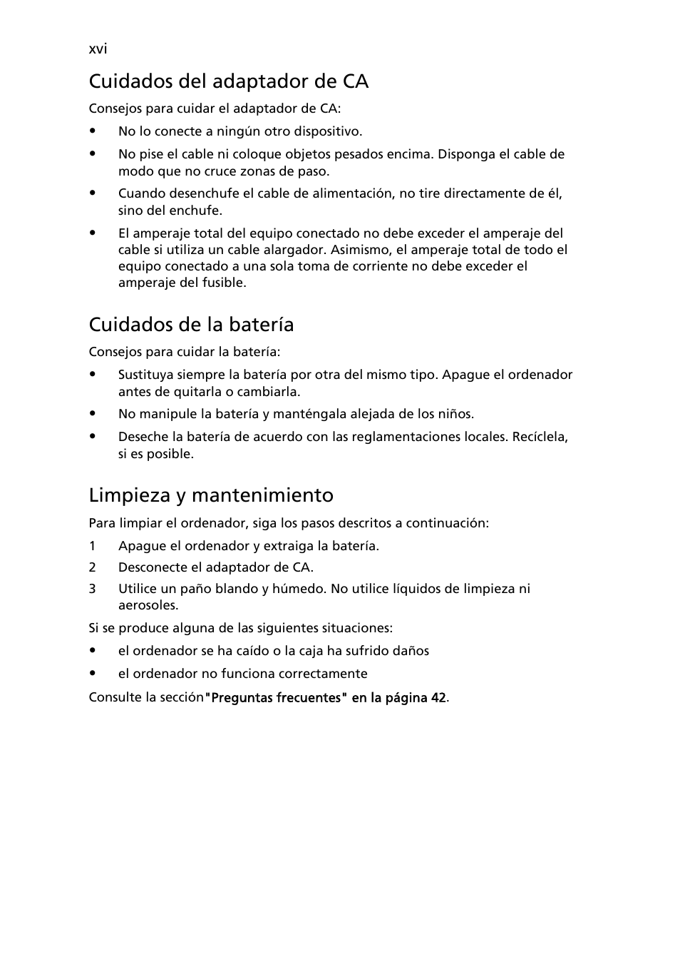 Cuidados del adaptador de ca, Cuidados de la batería, Limpieza y mantenimiento | Acer Aspire 4552G User Manual | Page 310 / 2206