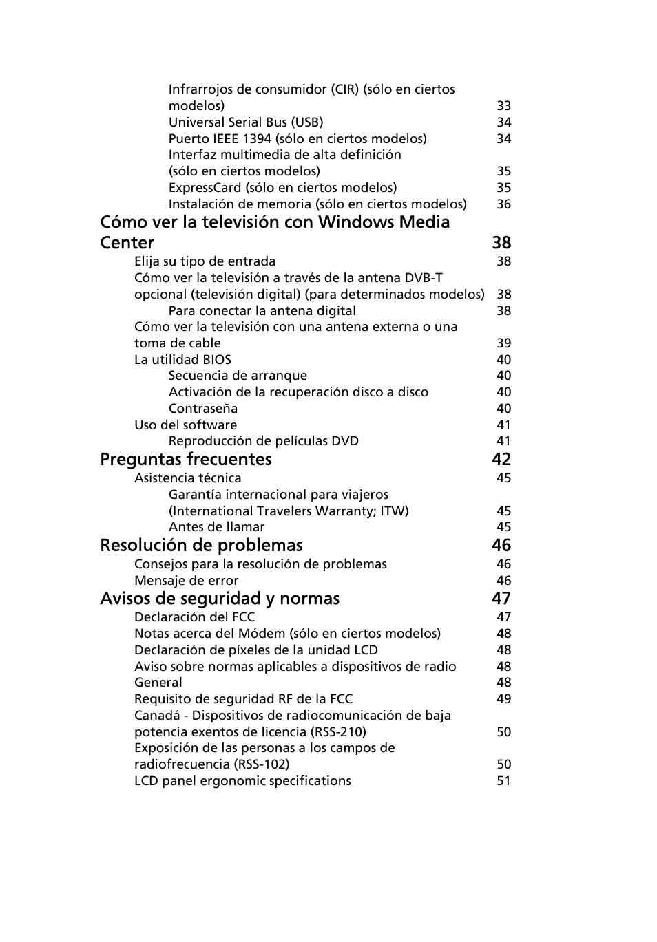 Cómo ver la televisión con windows media center 38, Preguntas frecuentes 42, Resolución de problemas 46 | Avisos de seguridad y normas 47 | Acer Aspire 4552G User Manual | Page 313 / 2206