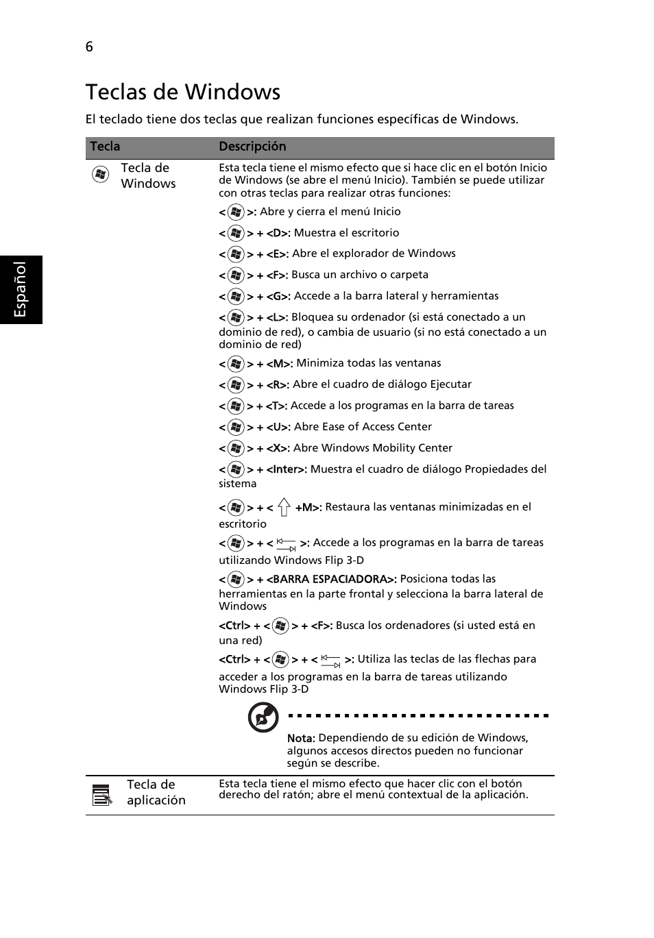 Teclas de windows, Esp añol | Acer Aspire 4552G User Manual | Page 320 / 2206