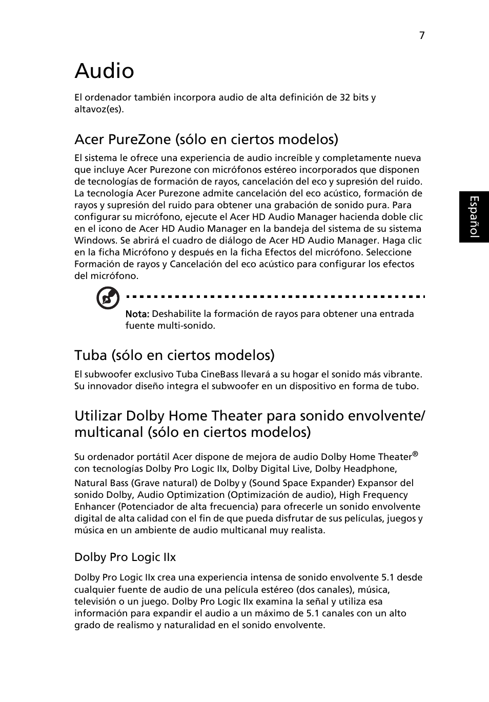 Audio, Acer purezone (sólo en ciertos modelos), Tuba (sólo en ciertos modelos) | Acer Aspire 4552G User Manual | Page 321 / 2206