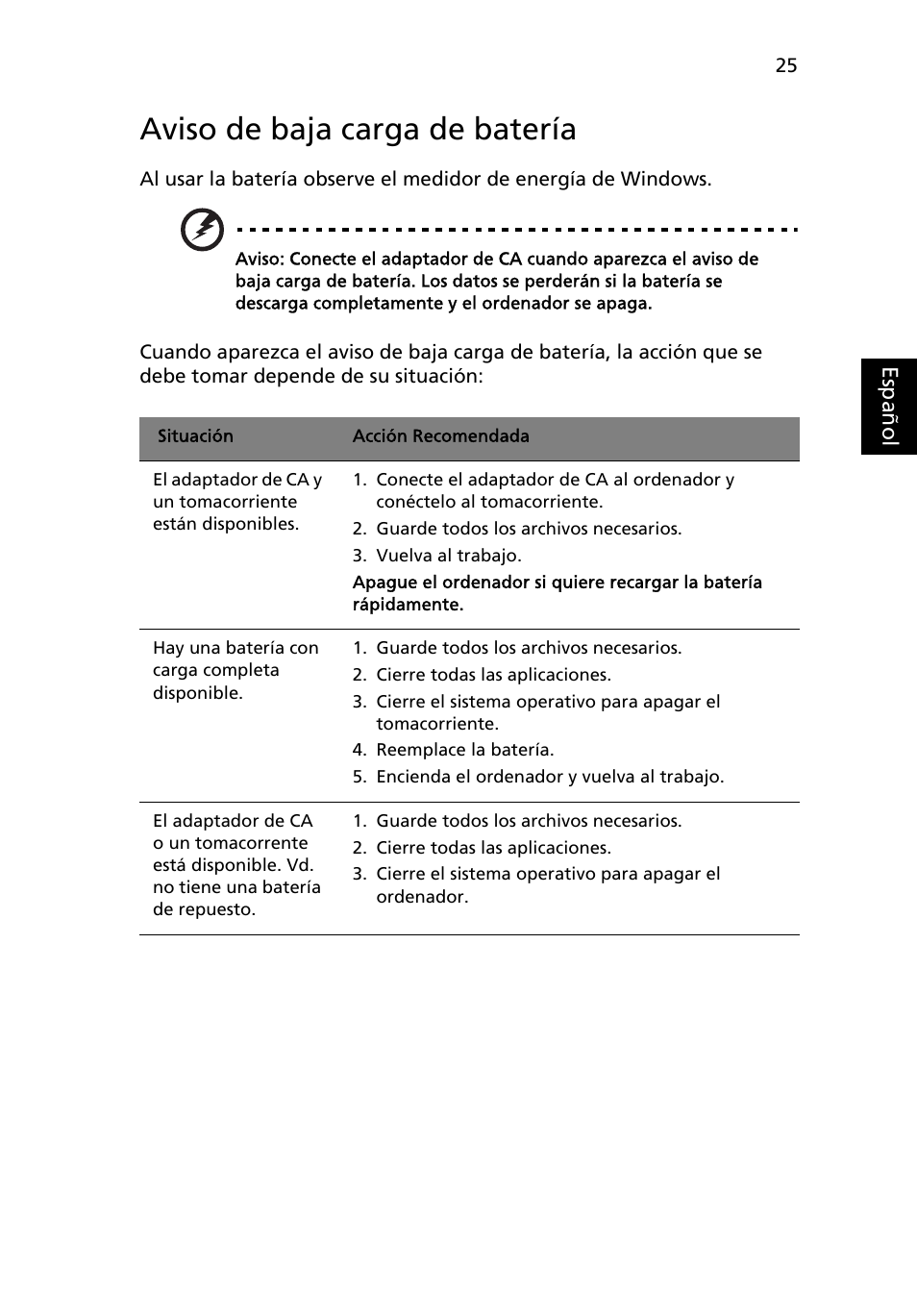 Aviso de baja carga de batería | Acer Aspire 4552G User Manual | Page 339 / 2206