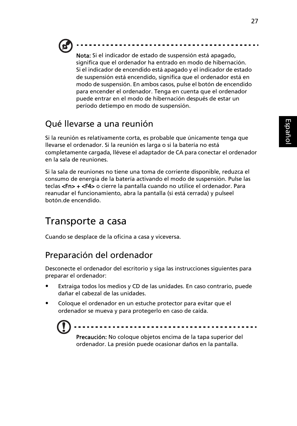 Transporte a casa, Qué llevarse a una reunión, Preparación del ordenador | Acer Aspire 4552G User Manual | Page 341 / 2206