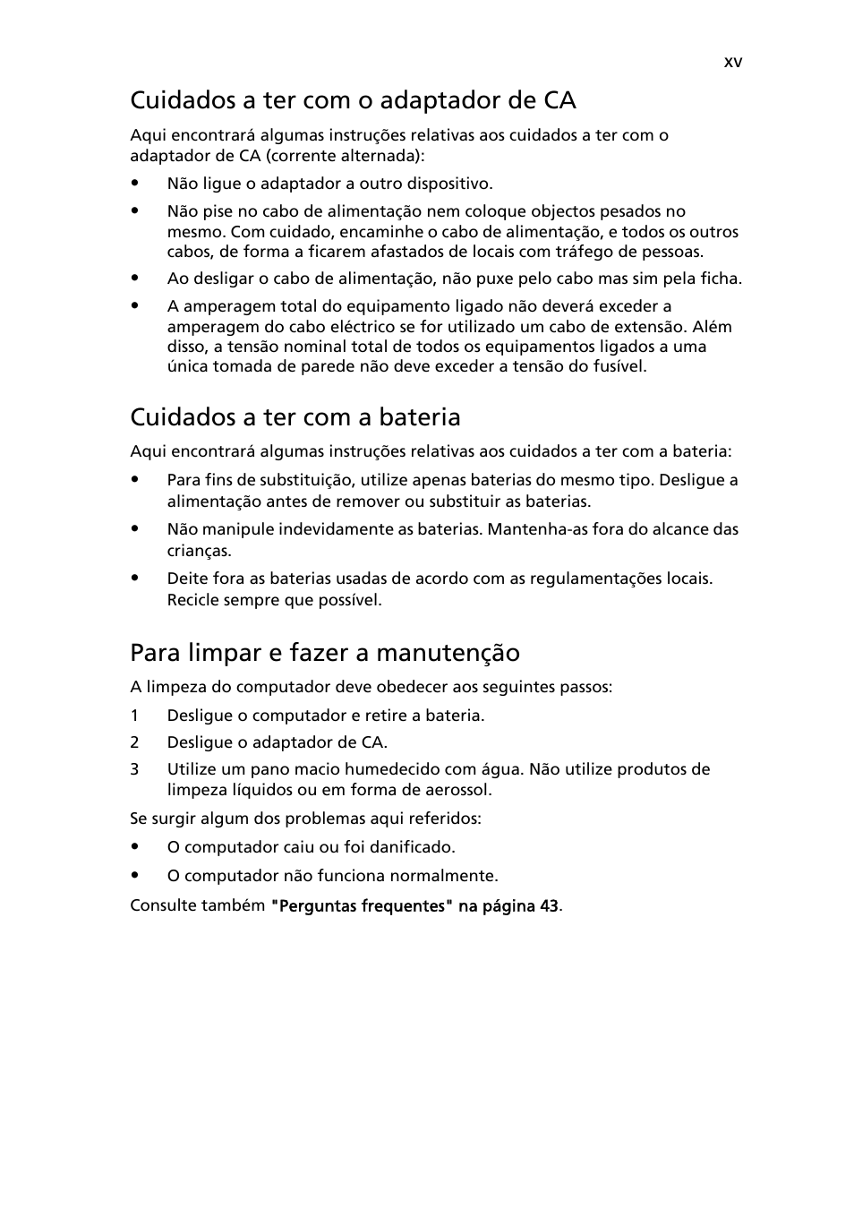 Cuidados a ter com o adaptador de ca, Cuidados a ter com a bateria, Para limpar e fazer a manutenção | Acer Aspire 4552G User Manual | Page 381 / 2206