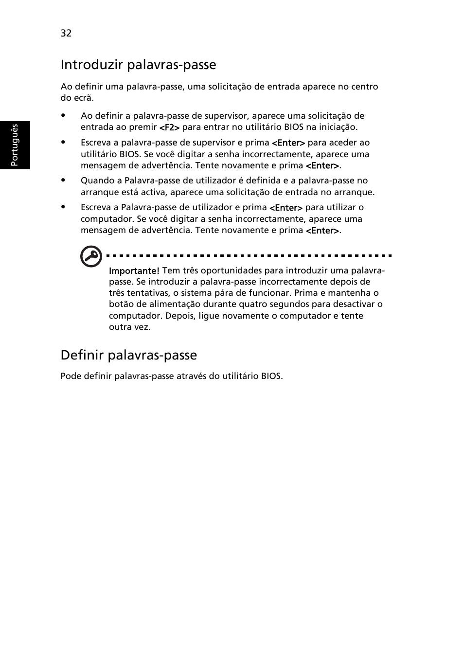 Introduzir palavras-passe, Definir palavras-passe | Acer Aspire 4552G User Manual | Page 418 / 2206