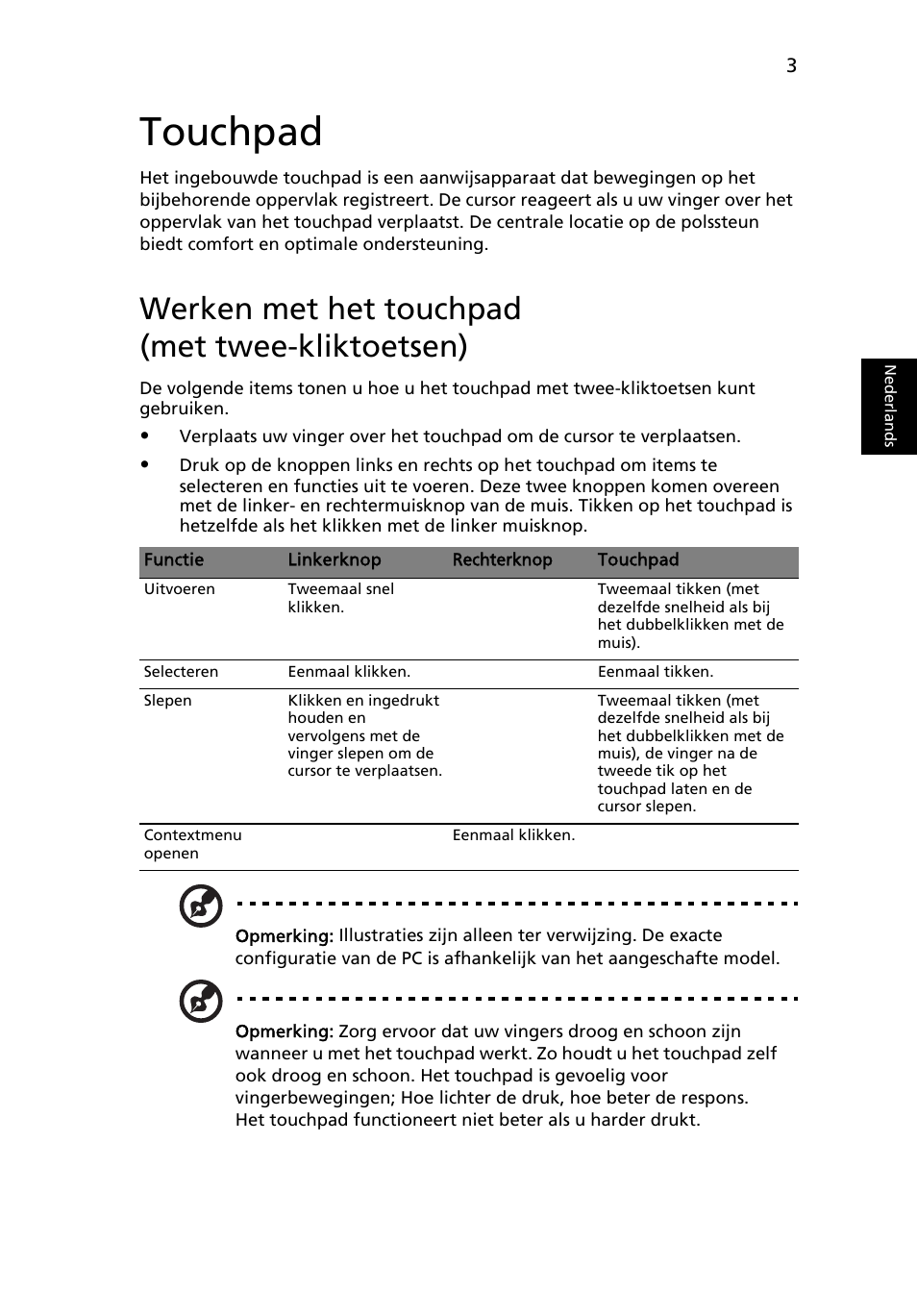 Touchpad, Werken met het touchpad (met twee-kliktoetsen) | Acer Aspire 4552G User Manual | Page 461 / 2206