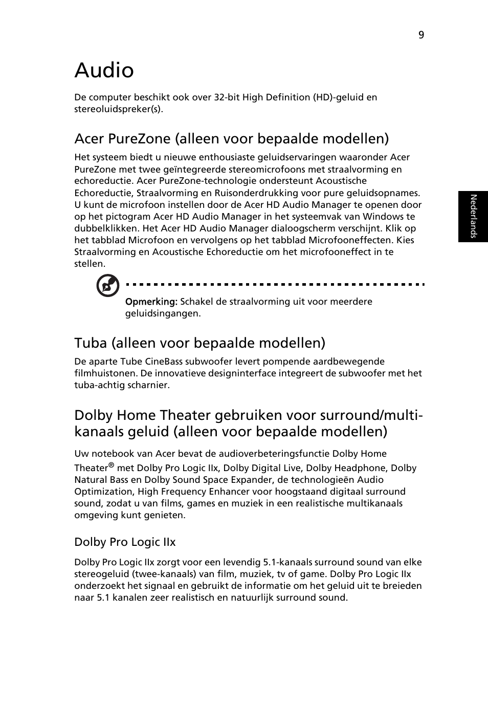 Audio, Acer purezone (alleen voor bepaalde modellen), Tuba (alleen voor bepaalde modellen) | Acer Aspire 4552G User Manual | Page 467 / 2206