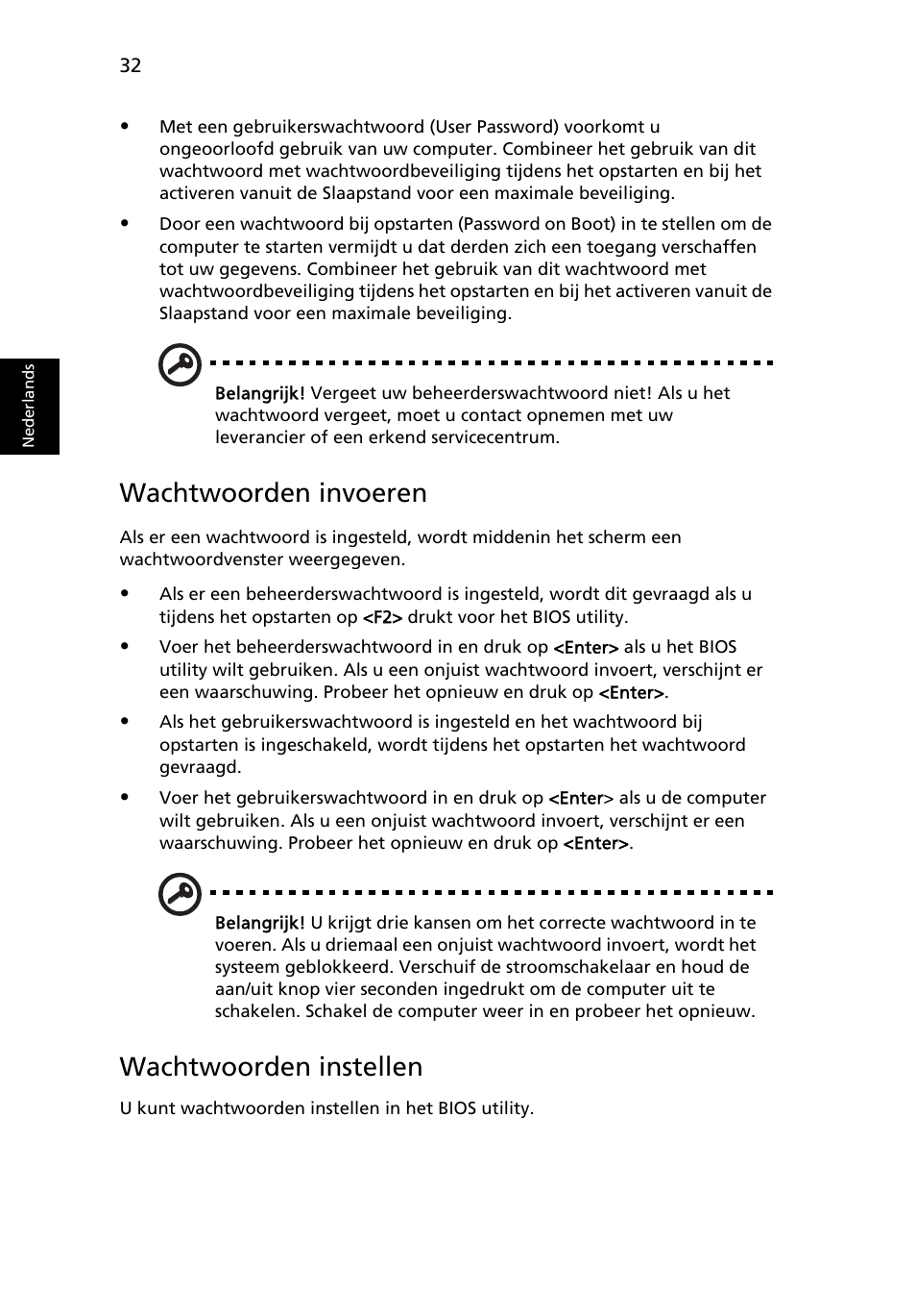 Wachtwoorden invoeren, Wachtwoorden instellen | Acer Aspire 4552G User Manual | Page 490 / 2206