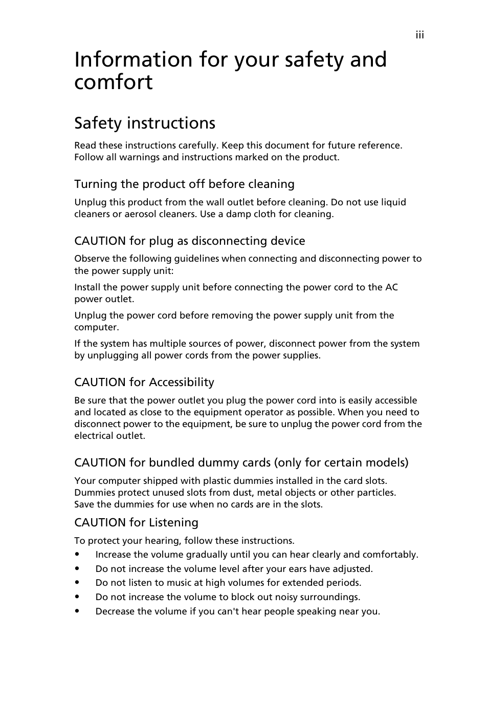 Information for your safety and comfort, Safety instructions | Acer Aspire 4552G User Manual | Page 5 / 2206