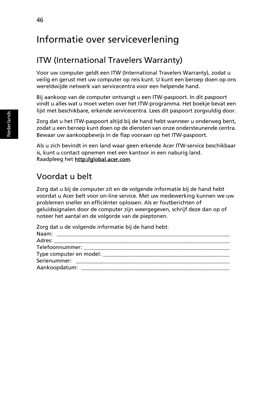 Informatie over serviceverlening, Itw (international travelers warranty), Voordat u belt | Acer Aspire 4552G User Manual | Page 504 / 2206