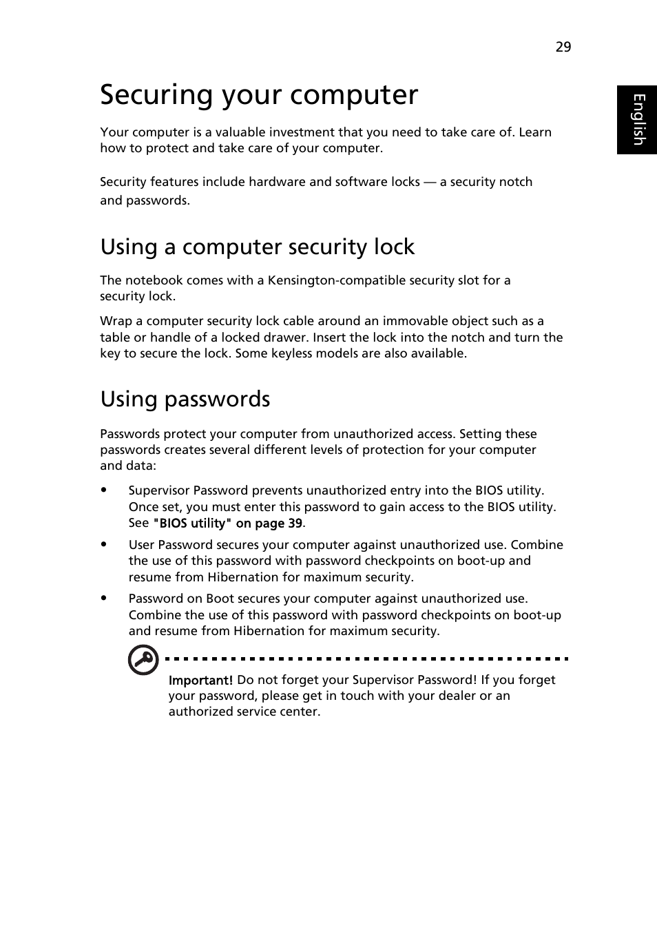 Securing your computer, Using a computer security lock, Using passwords | Acer Aspire 4552G User Manual | Page 51 / 2206