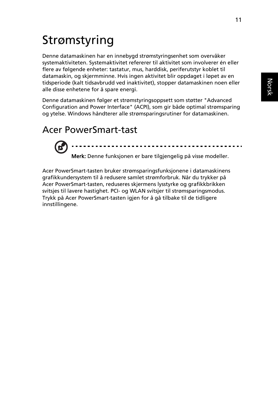 Strømstyring, Acer powersmart-tast | Acer Aspire 4552G User Manual | Page 541 / 2206