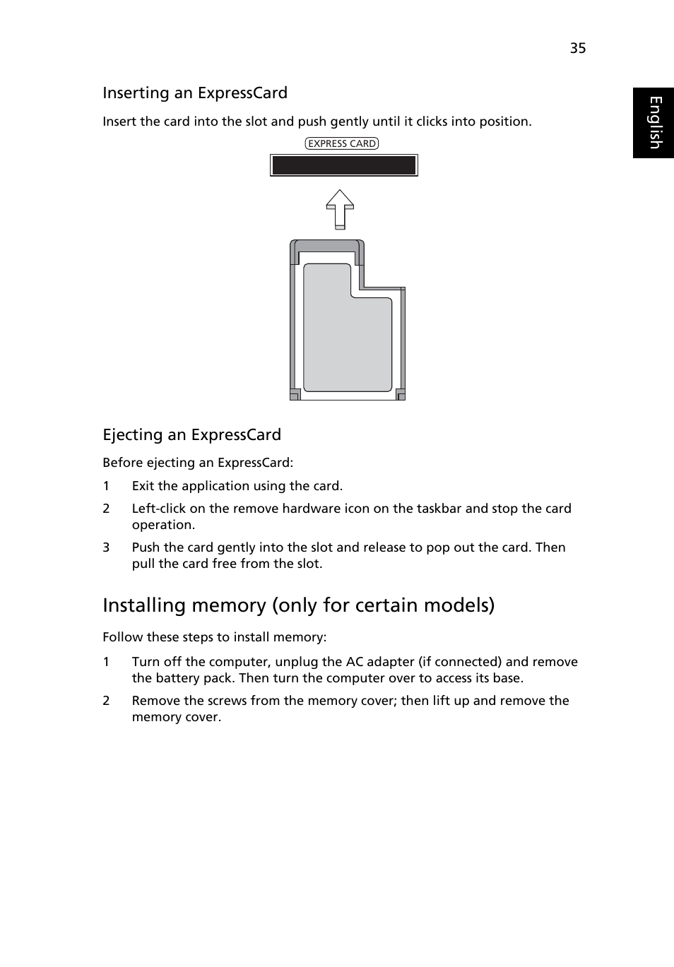 Installing memory (only for certain models) | Acer Aspire 4552G User Manual | Page 57 / 2206