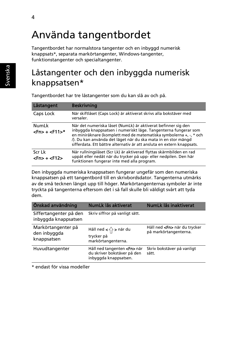 Använda tangentbordet, Låstangenter och den inbyggda numerisk knappsatsen | Acer Aspire 4552G User Manual | Page 672 / 2206