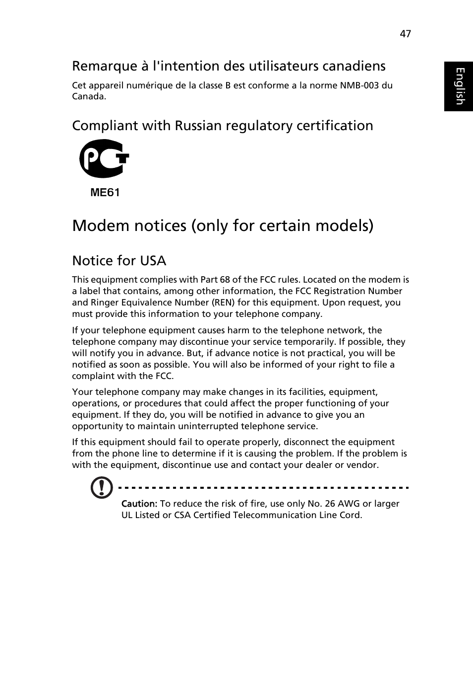 Modem notices (only for certain models), Remarque à l'intention des utilisateurs canadiens, Compliant with russian regulatory certification | Notice for usa | Acer Aspire 4552G User Manual | Page 69 / 2206