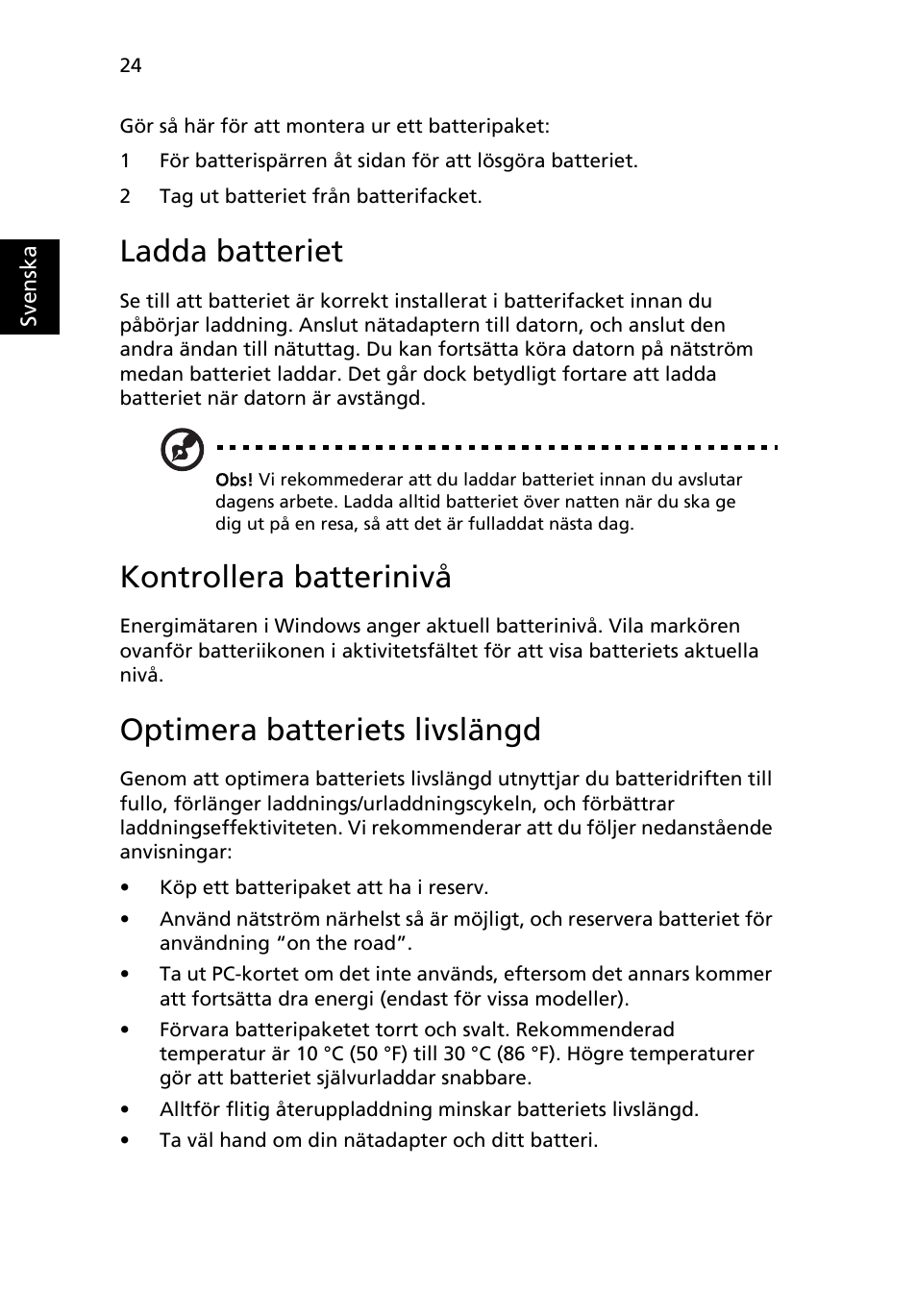 Ladda batteriet, Kontrollera batterinivå, Optimera batteriets livslängd | Acer Aspire 4552G User Manual | Page 692 / 2206