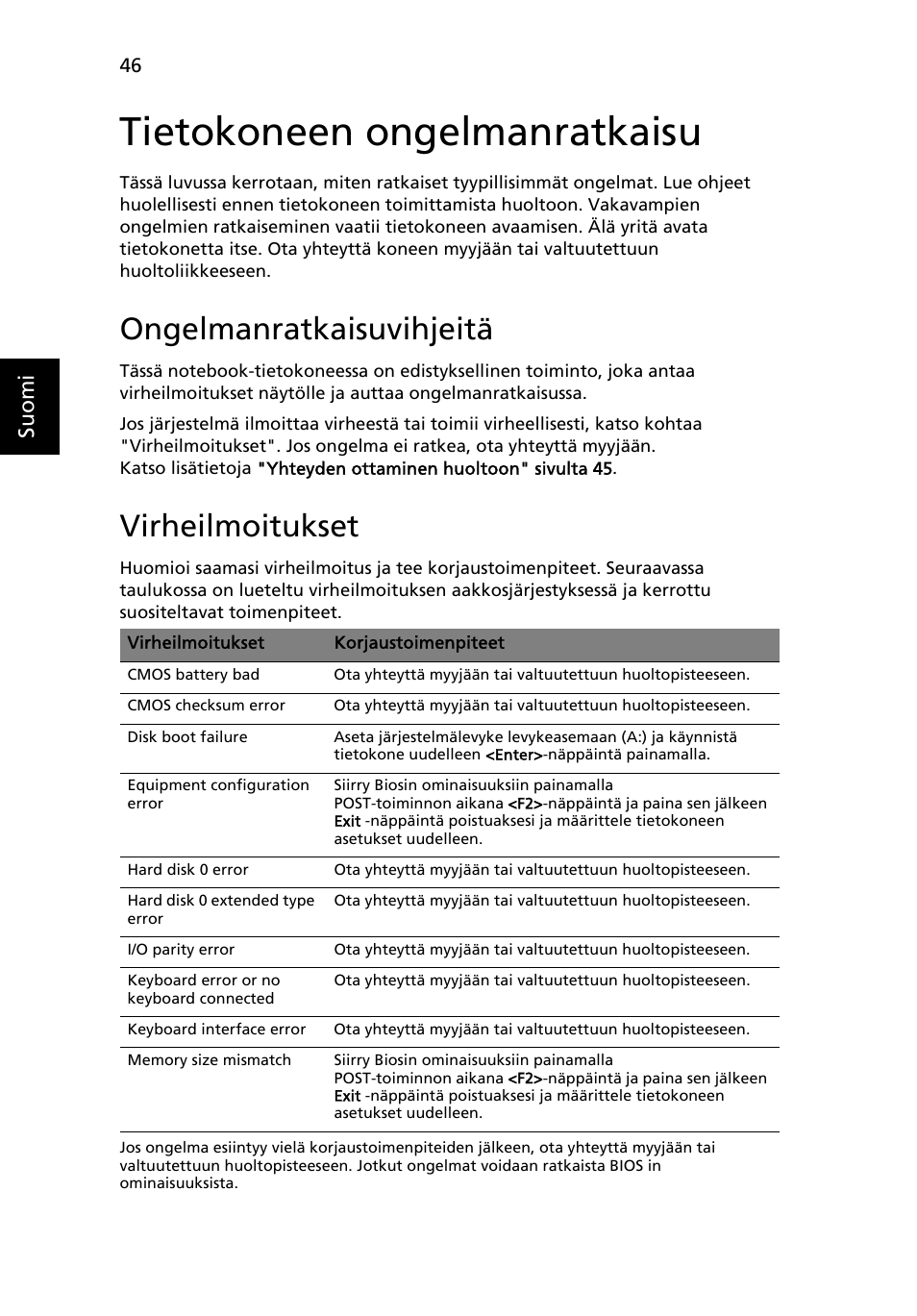 Tietokoneen ongelmanratkaisu, Ongelmanratkaisuvihjeitä, Virheilmoitukset | Suo m i | Acer Aspire 4552G User Manual | Page 784 / 2206