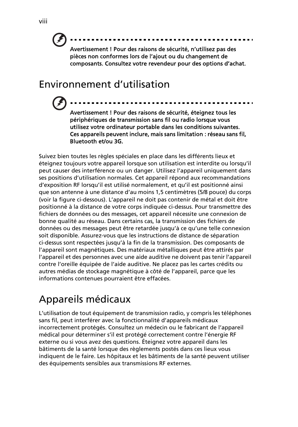 Environnement d’utilisation, Appareils médicaux | Acer Aspire 4552G User Manual | Page 82 / 2206