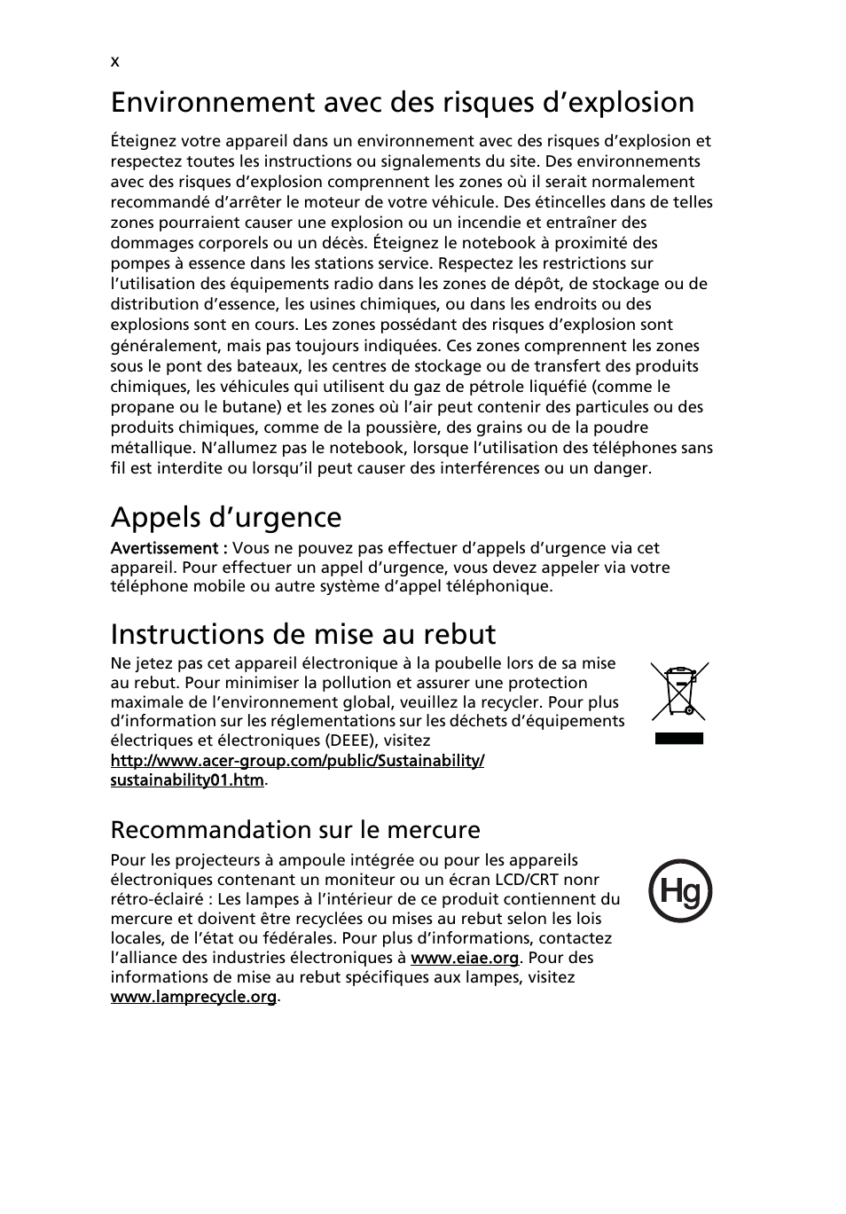 Environnement avec des risques d’explosion, Appels d’urgence, Instructions de mise au rebut | Acer Aspire 4552G User Manual | Page 84 / 2206