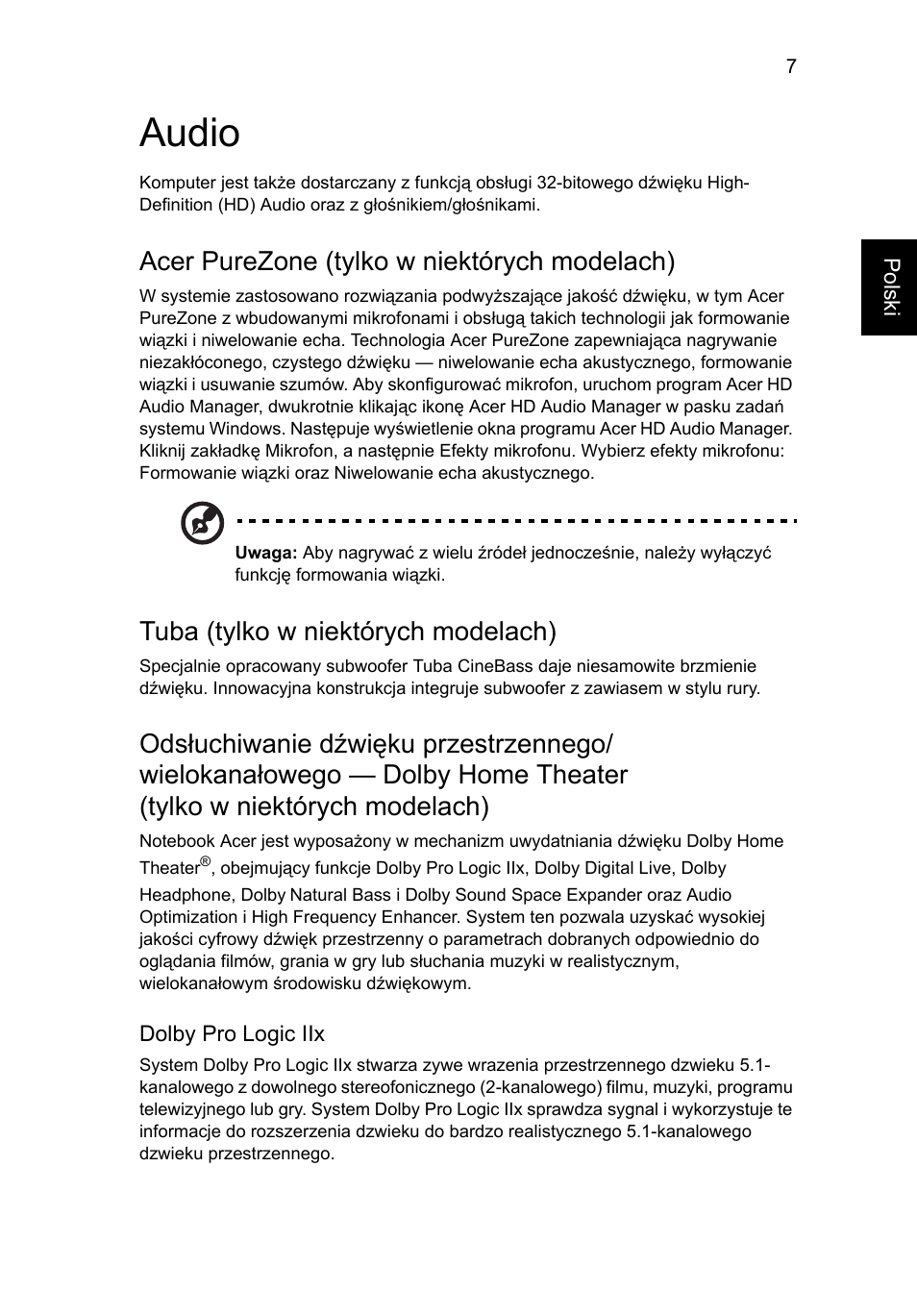 Audio, Acer purezone (tylko w niektórych modelach), Tuba (tylko w niektórych modelach) | Acer Aspire 4552G User Manual | Page 889 / 2206