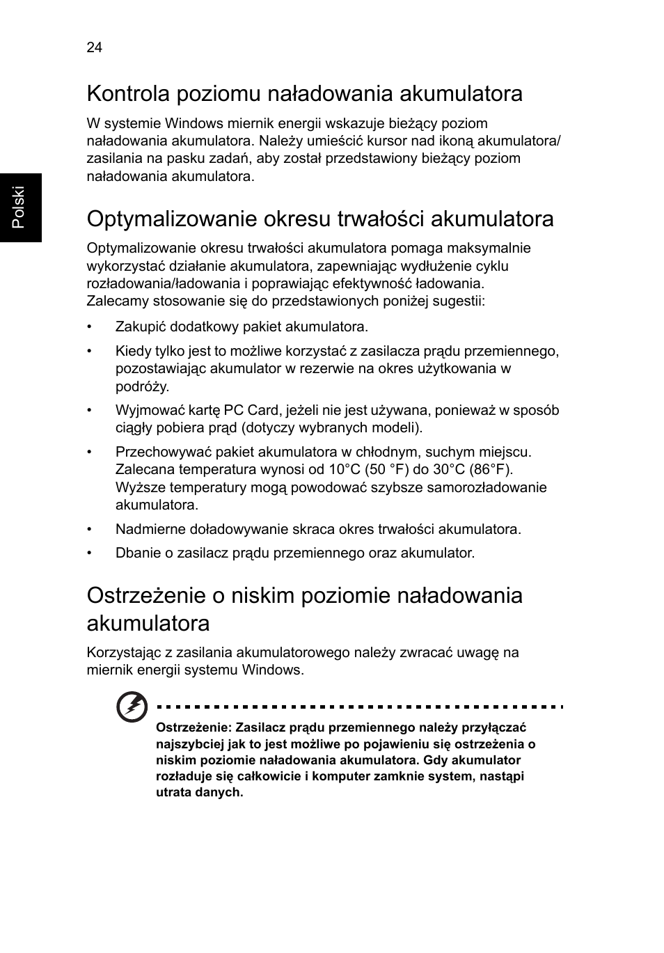 Kontrola poziomu naładowania akumulatora, Optymalizowanie okresu trwałości akumulatora | Acer Aspire 4552G User Manual | Page 906 / 2206