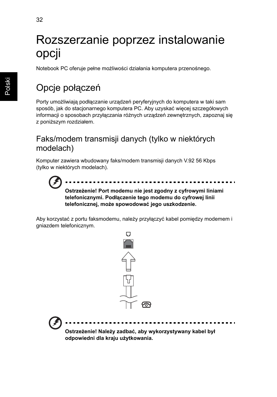 Rozszerzanie poprzez instalowanie opcji, Opcje połączeń | Acer Aspire 4552G User Manual | Page 914 / 2206