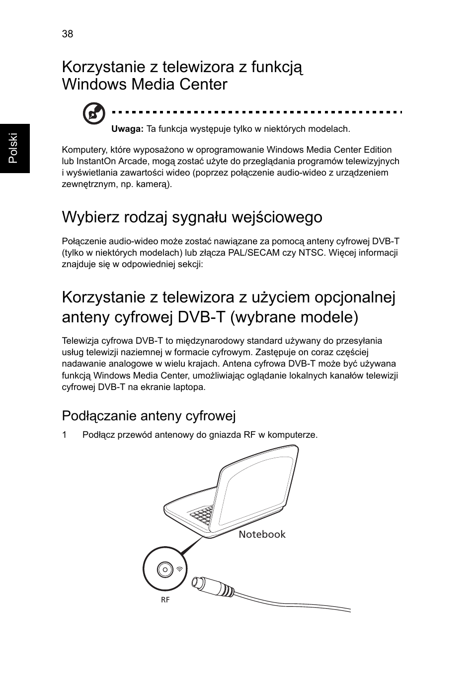 Wybierz rodzaj sygnału wejściowego, Podłączanie anteny cyfrowej | Acer Aspire 4552G User Manual | Page 920 / 2206