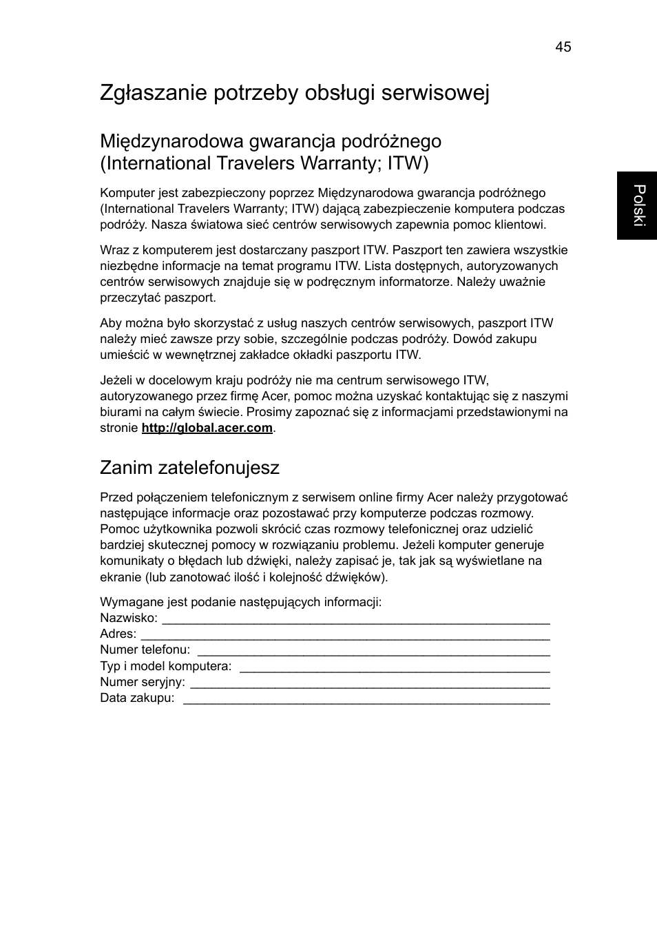 Zgłaszanie potrzeby obsługi serwisowej, Zanim zatelefonujesz | Acer Aspire 4552G User Manual | Page 927 / 2206