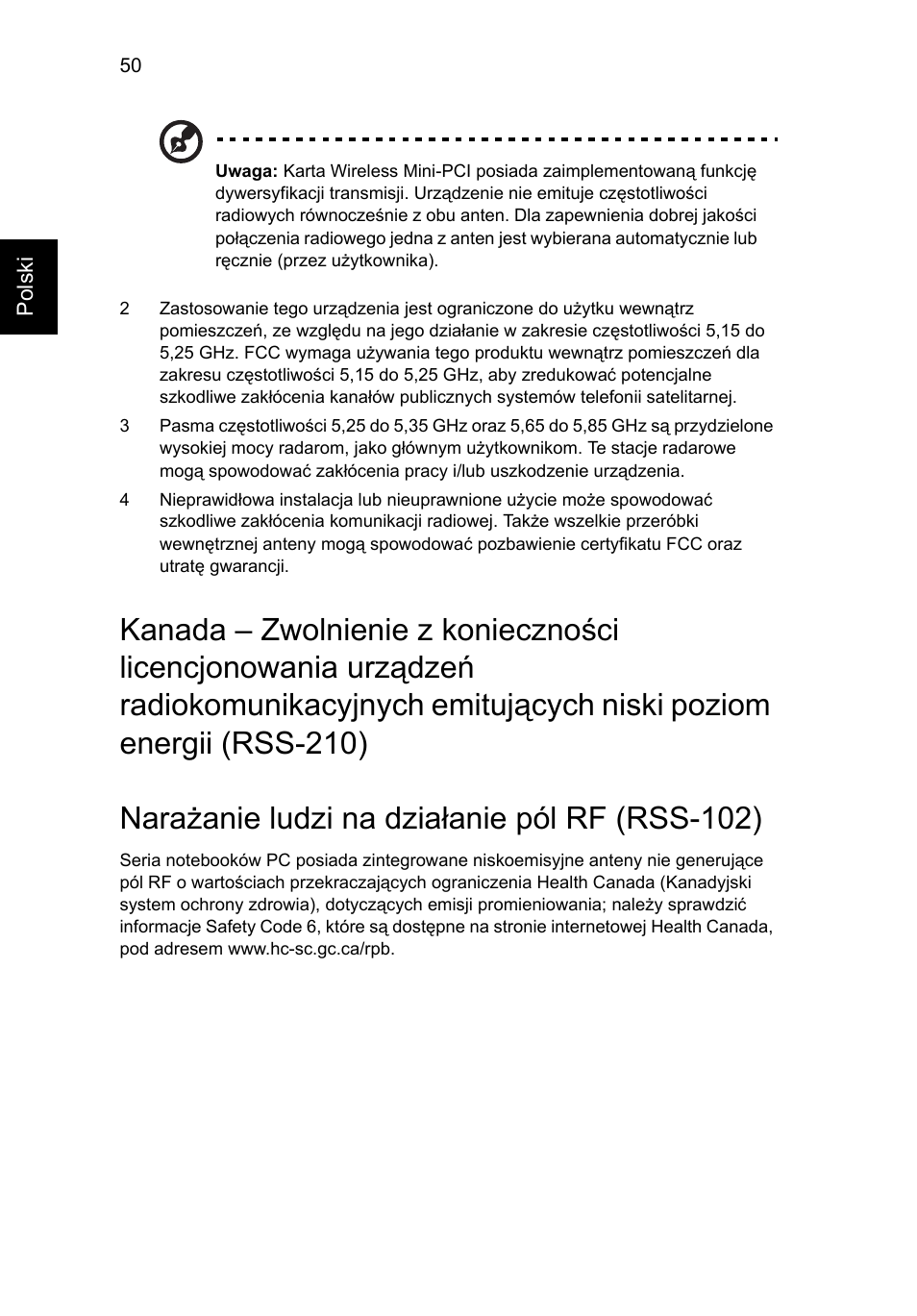 Narażanie ludzi na działanie pól rf (rss-102) | Acer Aspire 4552G User Manual | Page 932 / 2206