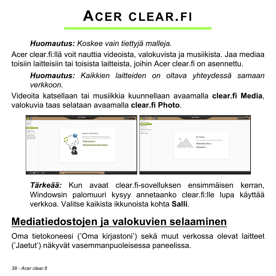 Acer clear.fi, Mediatiedostojen ja valokuvien selaaminen, Clear | Acer W511P User Manual | Page 1002 / 2860