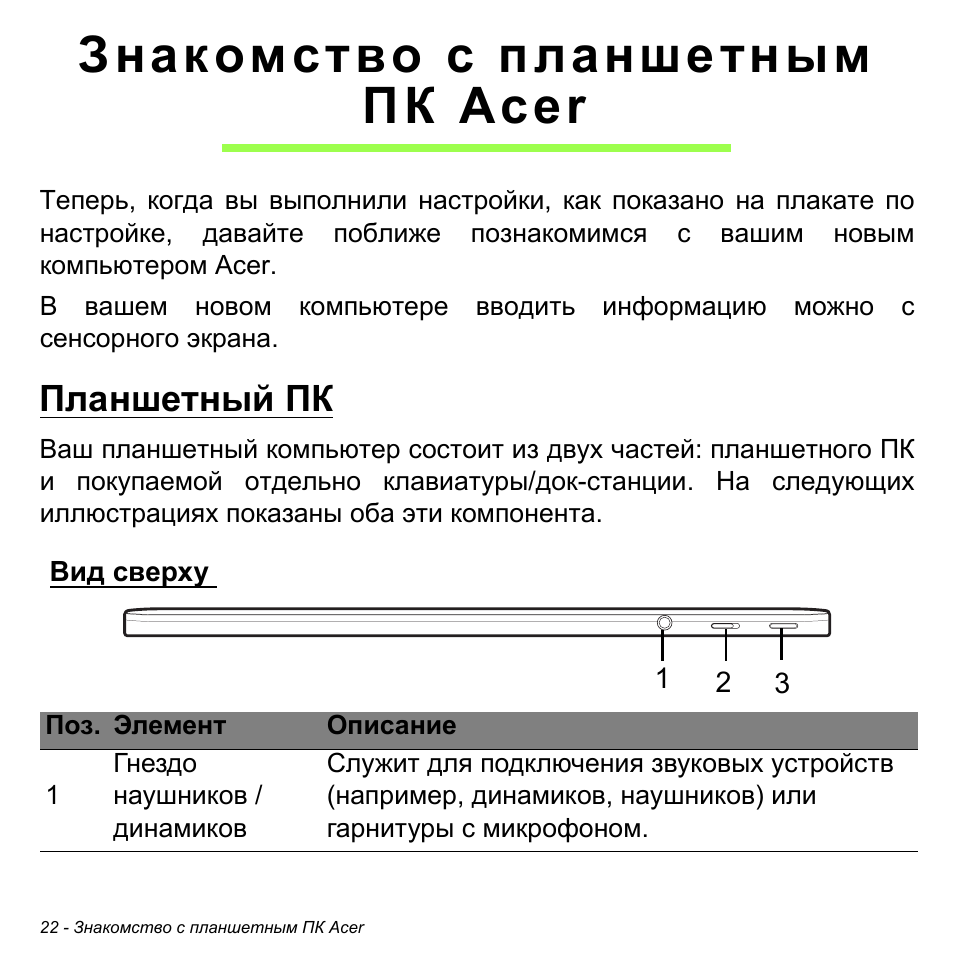 Знакомство с планшетным пк acer, Планшетный пк, Вид сверху | Acer W511P User Manual | Page 1080 / 2860