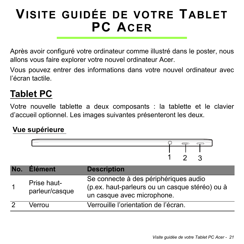 Visite guidée de votre tablet pc acer, Tablet pc, Vue supérieure | Pc a, Isite, Guidée, Votre, Ablet | Acer W511P User Manual | Page 113 / 2860