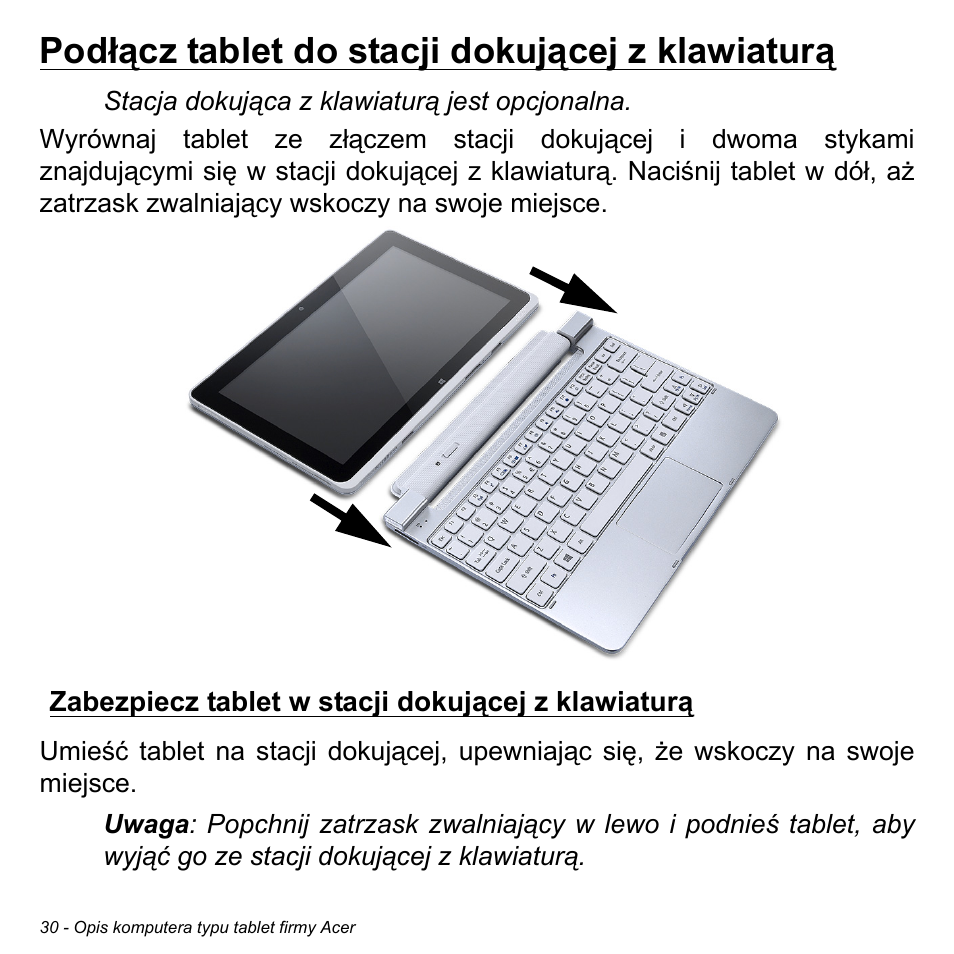 Podłącz tablet do stacji dokującej z klawiaturą, Zabezpiecz tablet w stacji dokującej z klawiaturą | Acer W511P User Manual | Page 1192 / 2860