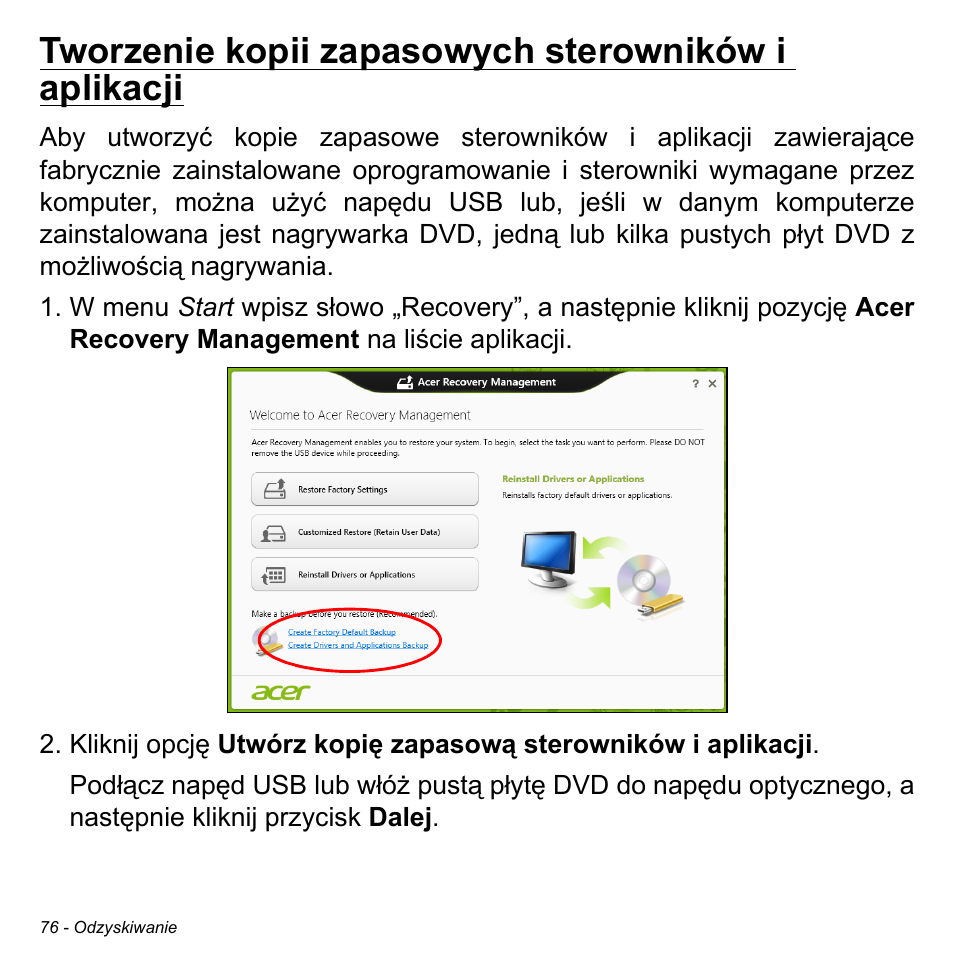 Tworzenie kopii zapasowych sterowników i aplikacji | Acer W511P User Manual | Page 1238 / 2860