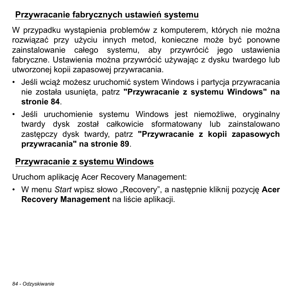 Przywracanie fabrycznych ustawień systemu, Przywracanie z systemu windows | Acer W511P User Manual | Page 1246 / 2860