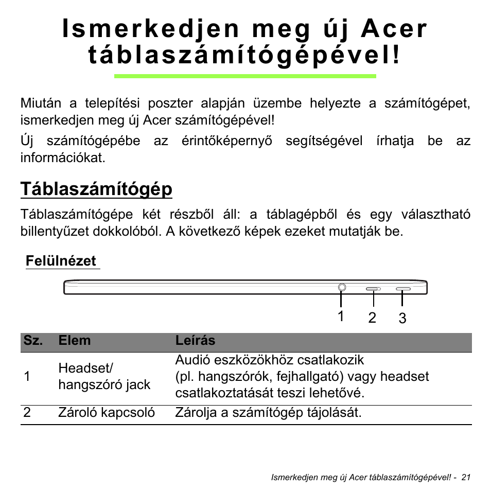 Ismerkedjen meg új acer táblaszámítógépével, Táblaszámítógép, Felülnézet | Acer W511P User Manual | Page 1283 / 2860