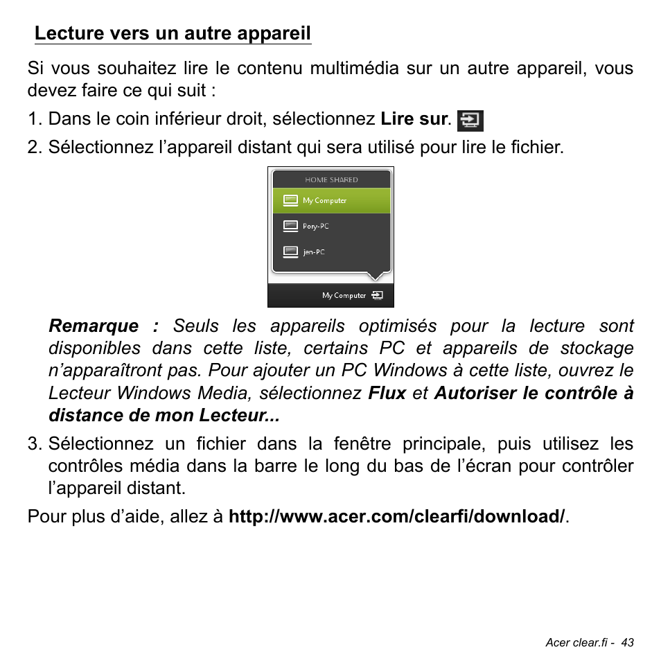 Lecture vers un autre appareil | Acer W511P User Manual | Page 135 / 2860