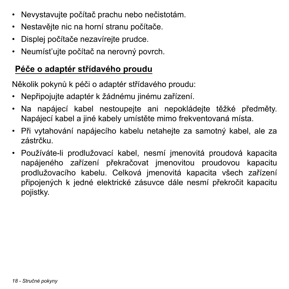 Péče o adaptér střídavého proudu | Acer W511P User Manual | Page 1378 / 2860